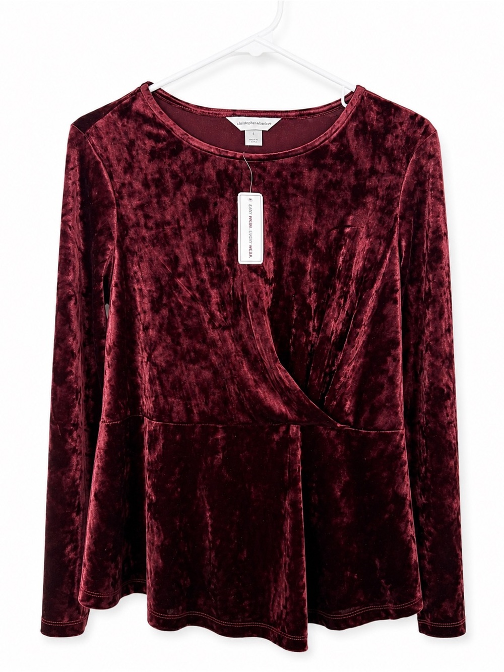 Christopher & Banks Burgundy Crushed Velvet Twist Front Top Size Small NWT